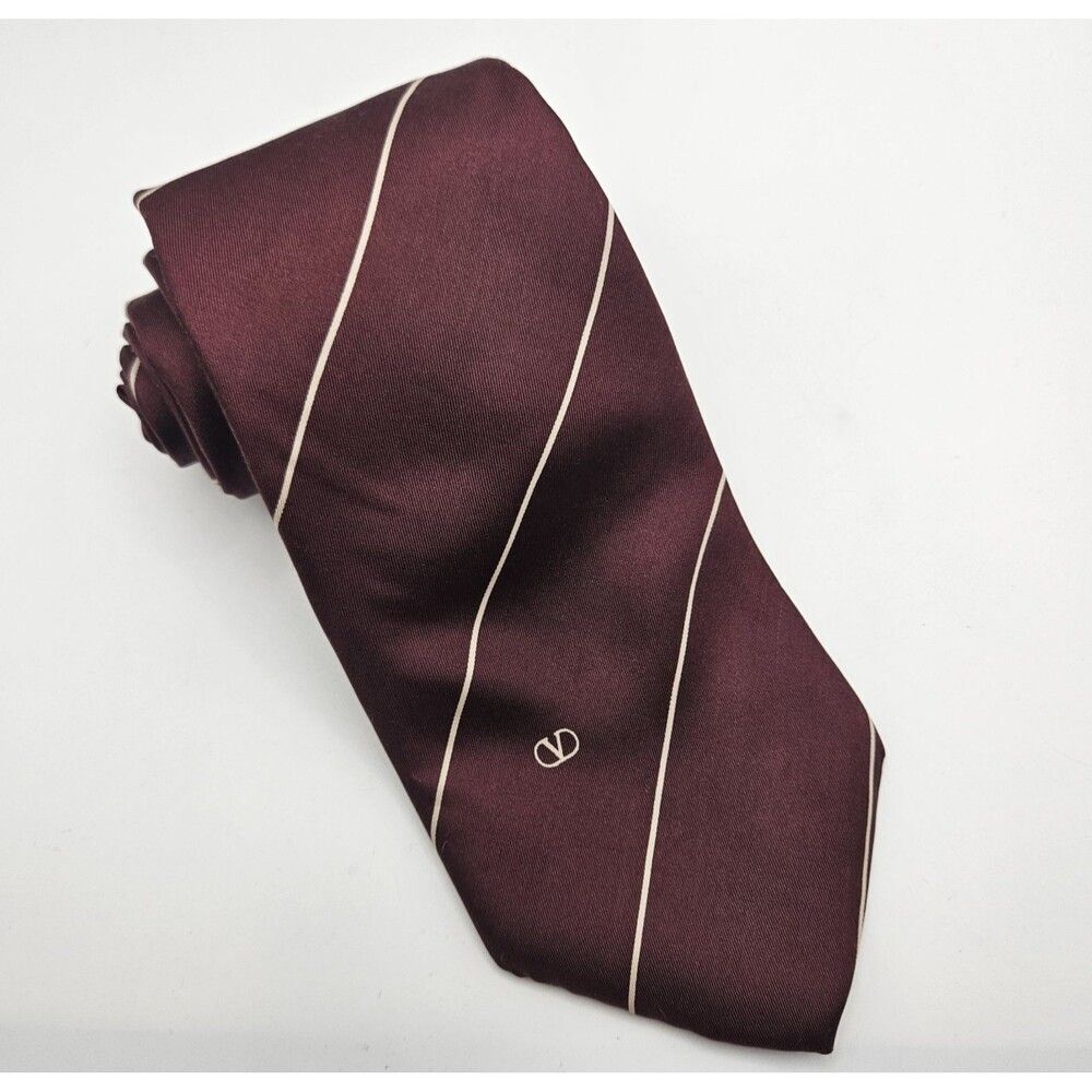 VTG La Cravat by Valentino Silk Maroon Gold Stripe Abstract Tie Work 57.5x3 3/8"